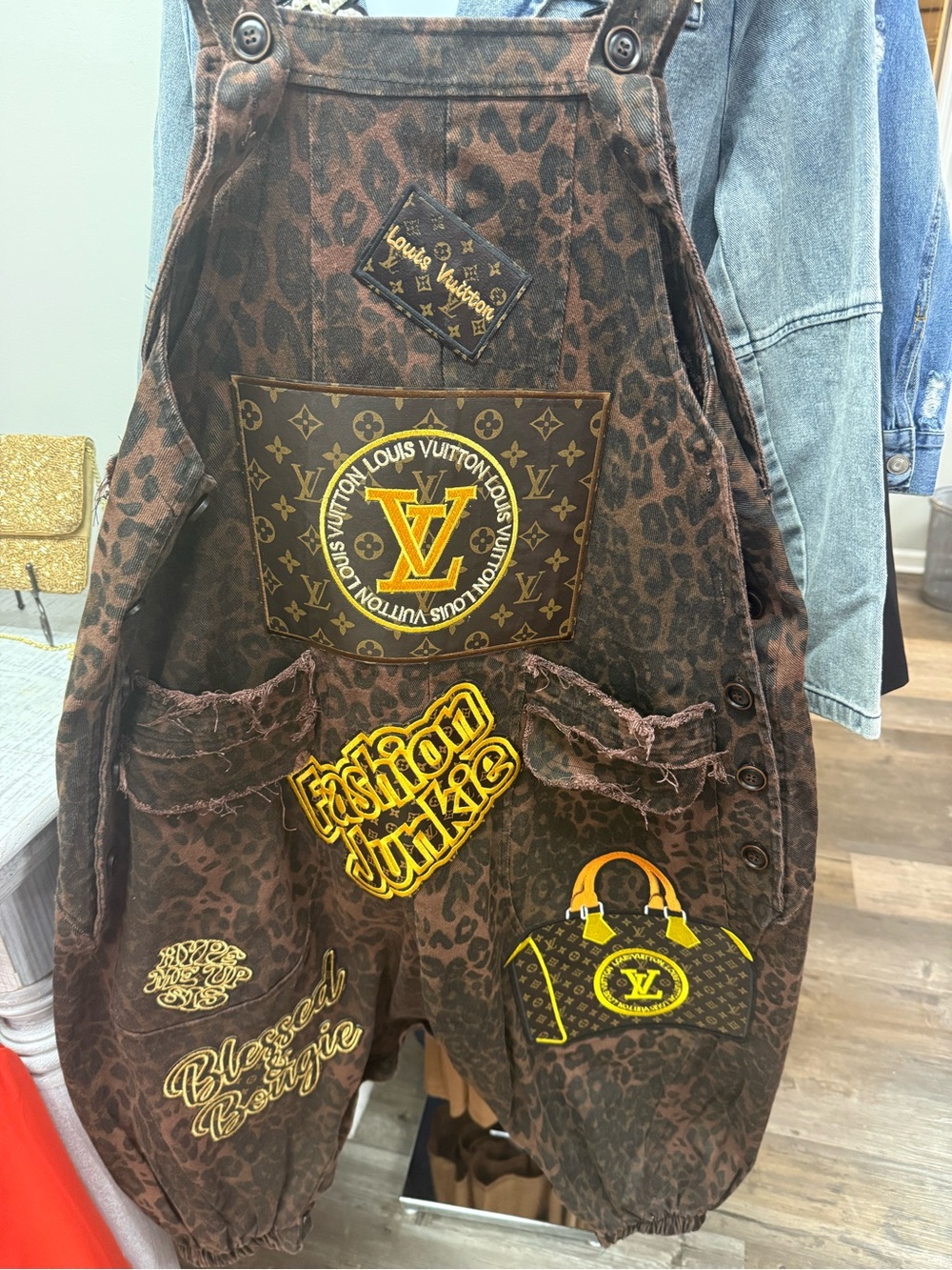 New Brown Leopard-Print Women’s Denim Overalls with Graphic Patches